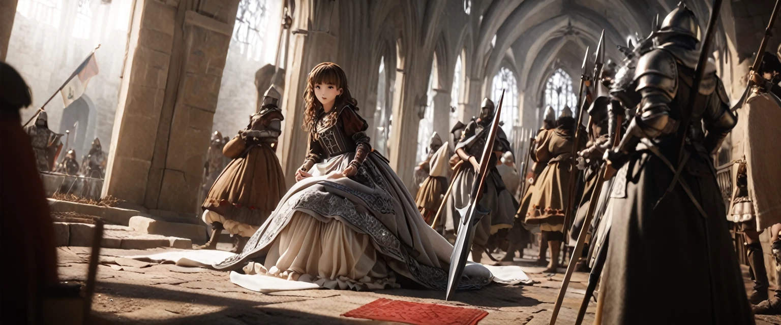 (  Highly Detailed CG Octane Rendering 8K Wallpaper ),  World's Most Beautiful Artwork  ,  Long Spear with a Flag , Complex,  high detail, ８  girl , Silver embroidery, Medieval Long Cotton Dress （With panniers）, cotton cloth,  will raise their skirt , Strong winds, Transparent slip, Translucent Tights  , Peeking from below, Best Quality, Disarray of clothing,  lies down, underwear,  show off your thighs, knight , Skirt lining, Bloomers、 Leather Armor、 with a flag attached to a long spear ,Winner 、battlefield、