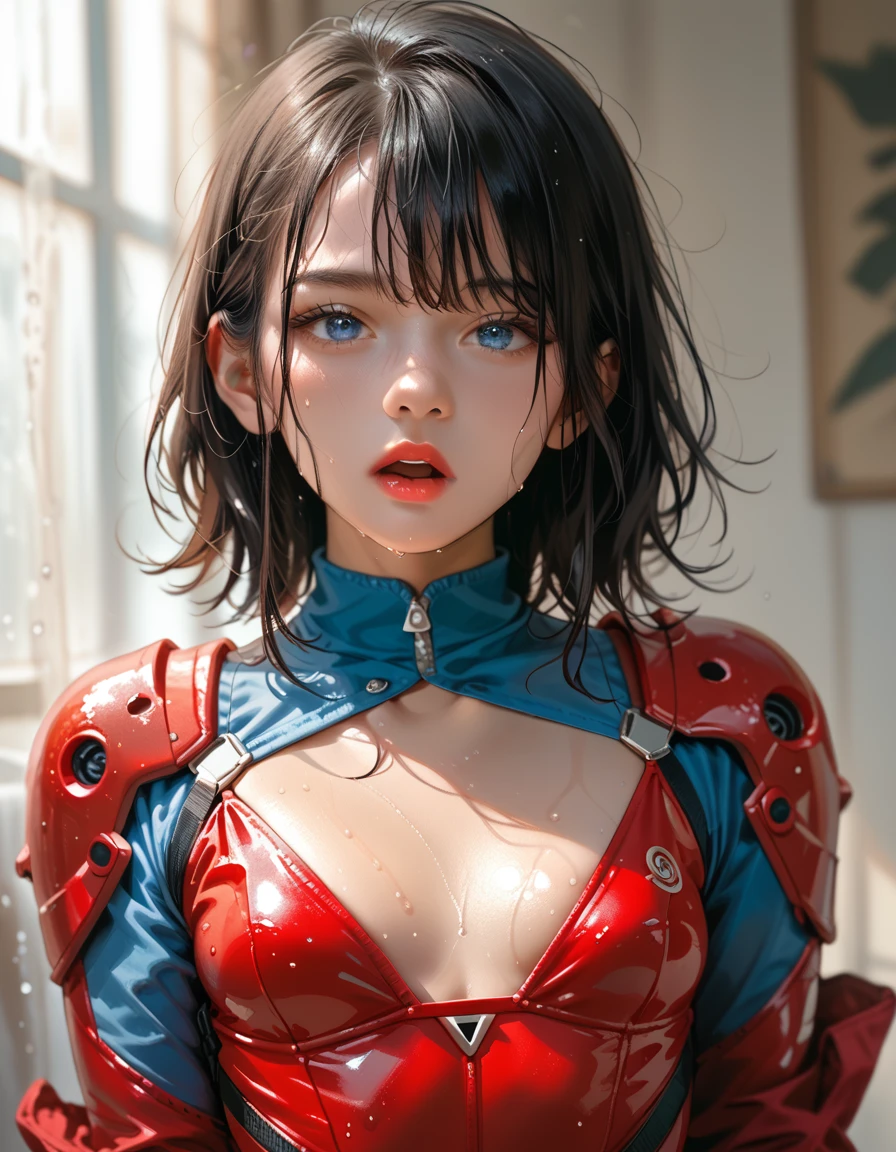 Black Hair, blue eyes, small breasts,Red Battle Suit、 A friendly expression 、Small open mouth、Light pink lipstick hold out your hand here、 sweaty