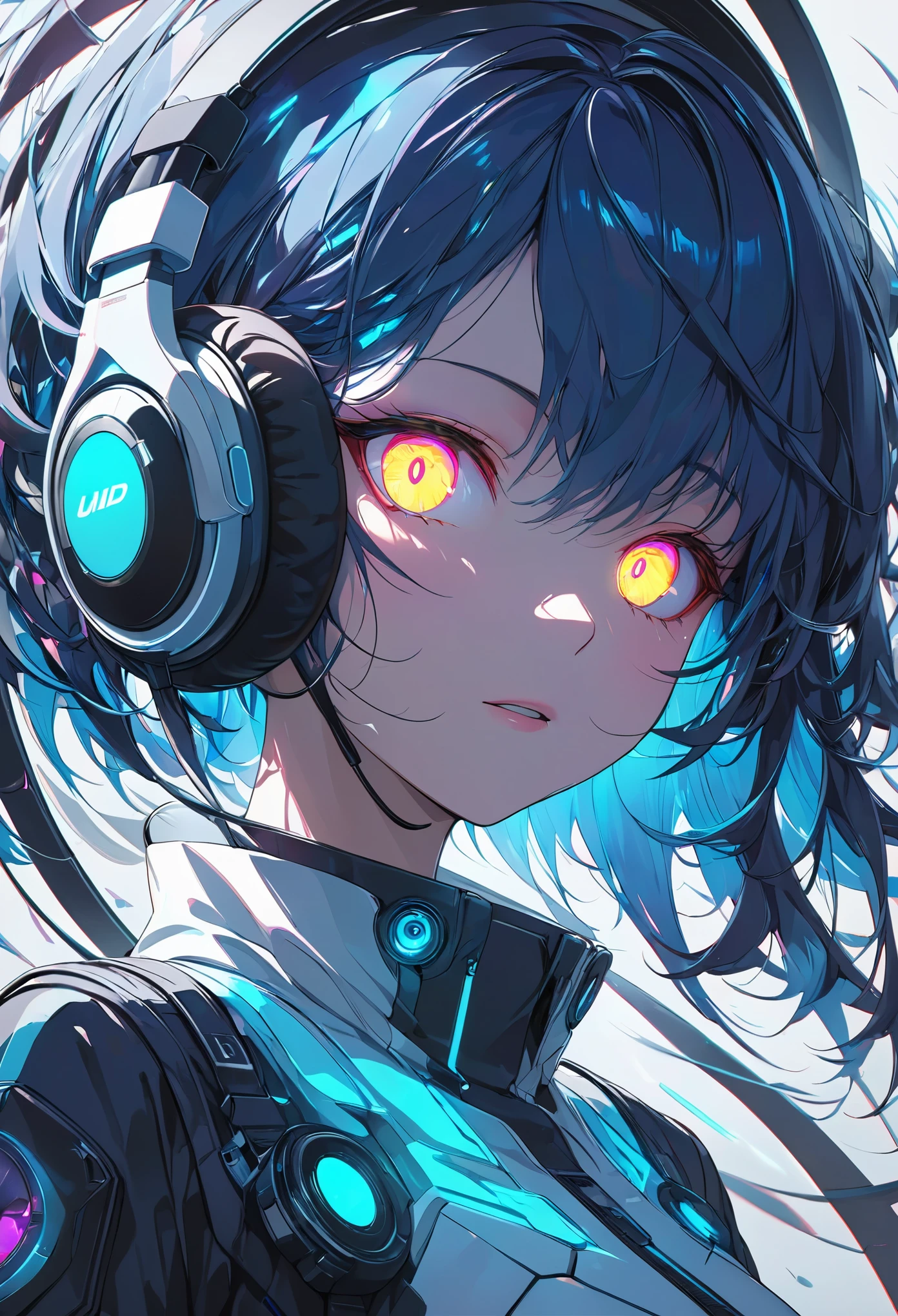 glowing eyes, colourful glowing hair, wearing headphone, anime style, high detail, Futurism, glowing light, UHD, retina, masterpiece, ccurate, anatomically correct, textured skin, super detail, high details, high quality, award winning, best quality, highres