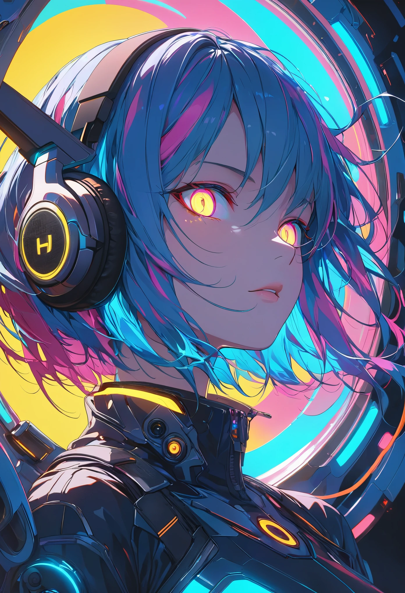 glowing eyes, colourful glowing hair, wearing headphone, anime style, high detail, Futurism, glowing light, UHD, retina, masterpiece, ccurate, anatomically correct, textured skin, super detail, high details, high quality, award winning, best quality, highres