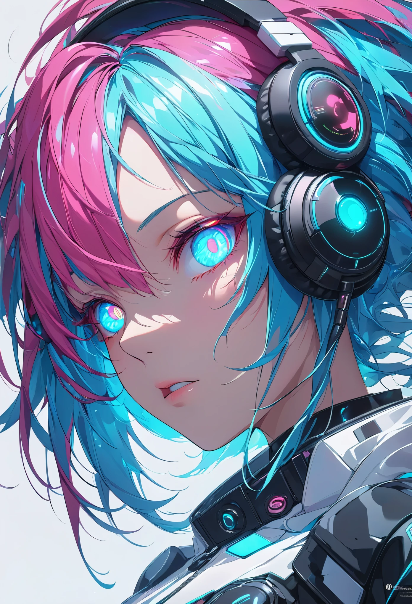 glowing eyes, colourful glowing hair, wearing headphone, anime style, high detail, Futurism, glowing light, UHD, retina, masterpiece, ccurate, anatomically correct, textured skin, super detail, high details, high quality, award winning, best quality, highres