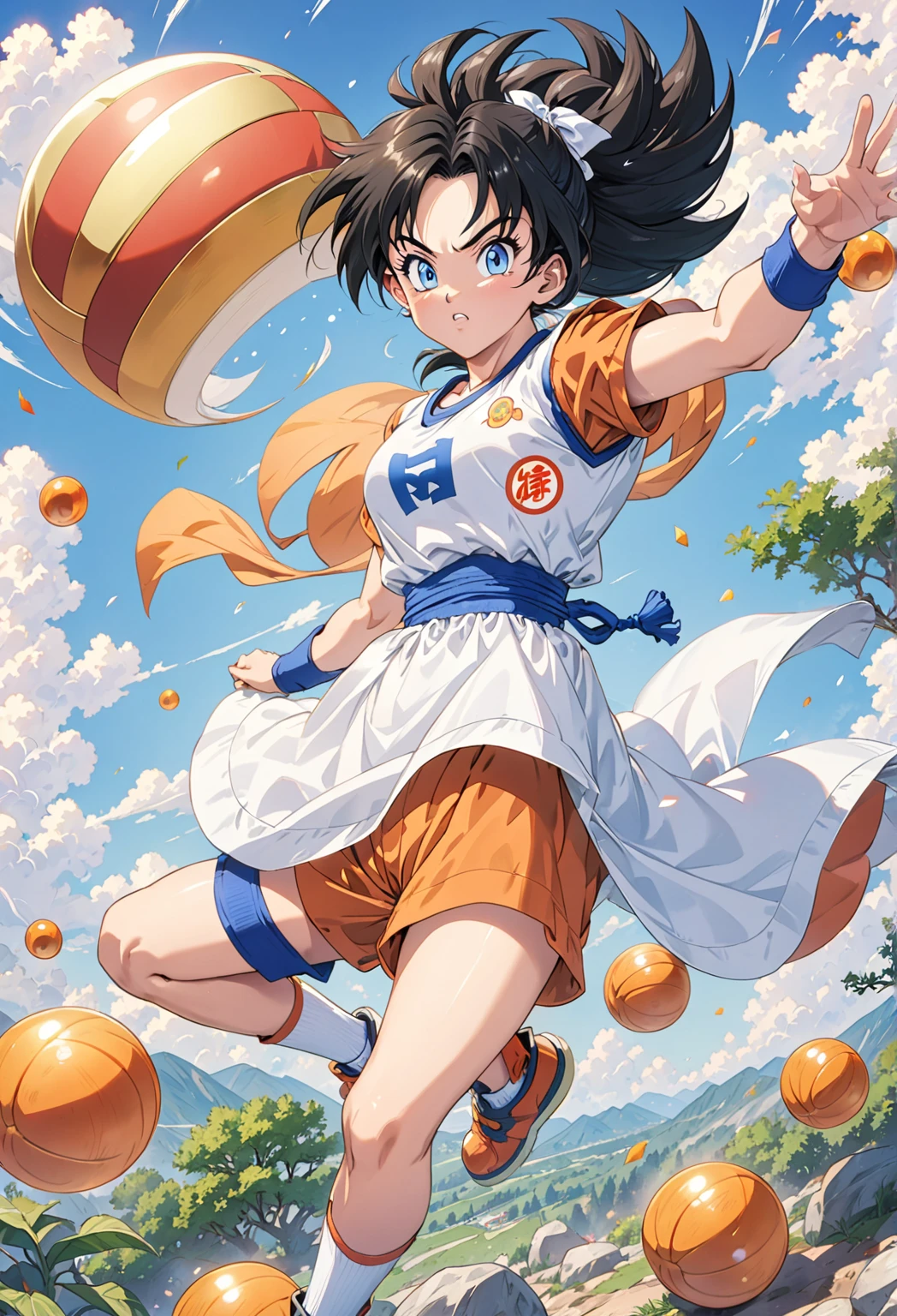 Videl from dragon ball, blue eyes , black hair , two legs , jersey angeles lacker s