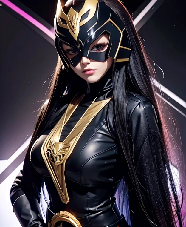 A woman high black rangers, high black ranger suit, as she power rangers toxic , full body , helmet mask, long hair brown, high detailed, realistic, gloves, ultra realistic, ((full face helmet)), black shield sunglasses on eyes, smart black sunglasses 