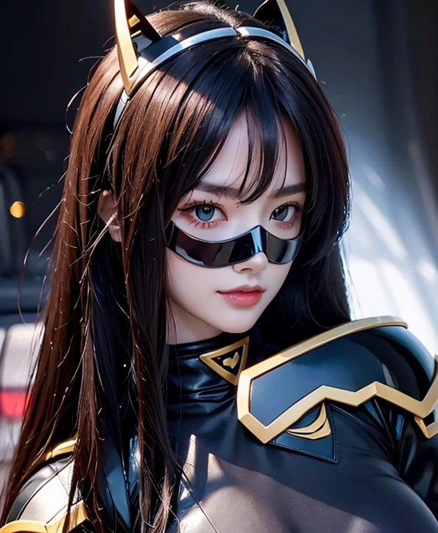 A woman high black rangers, high black ranger suit, as she power rangers toxic , full body , helmet mask, long hair brown, high detailed, realistic, gloves, ultra realistic, ((full face helmet)), black shield sunglasses on eyes, smart black sunglasses 