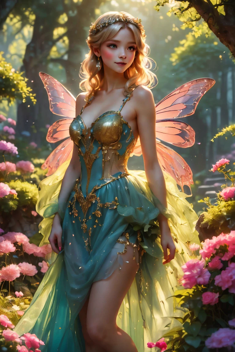 (((Best quality, 8k, Masterpiece: 1.3)), ((best quality)), ((masterpiece)), (detailed), perfect face, perfect body, (detailed skin:1.3), (intricate details), A graceful, grown-up fairy woman with delicate features and an air of elegance stands in an enchanted forest. She has shimmering wings that reflect hints of silver and gold in the soft moonlight. Dressed in a sophisticated, flowing blue gown adorned with subtle sparkles, she has an aura of maturity while still retaining her playful, magical essence. Her blonde hair is styled elegantly, and she wears a gentle, knowing smile. The forest around her is alive with glowing flowers, softly swaying trees, and a mist that adds a mystical atmosphere, creating a scene of enchanting beauty