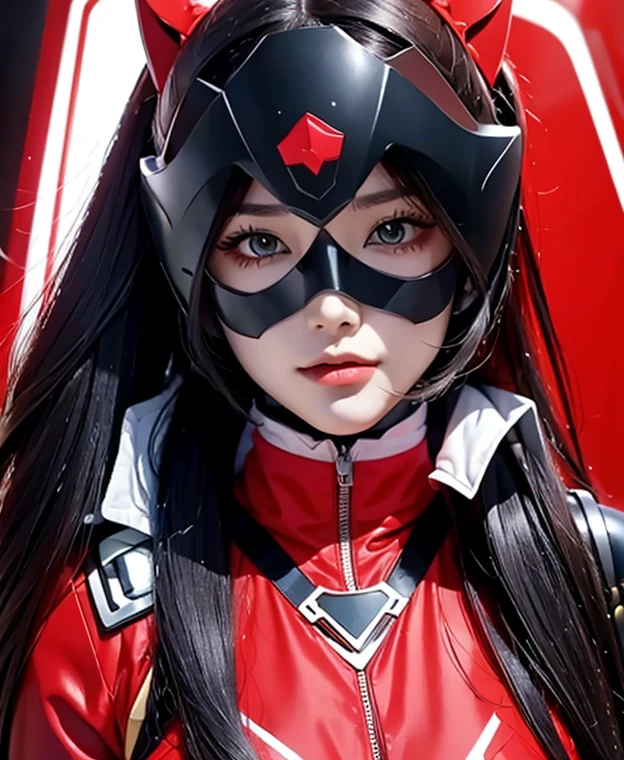 A woman red rangers, toxic ranger suit, as she power rangers toxic , full body , helmet mask, long hair, high detailed, realistic, gloves, ultra realistic, ((full face helmet)), black shield sunglasses on eyes, smart black sunglasses 