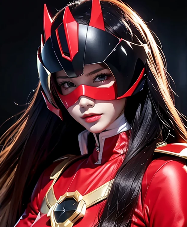 A woman red rangers, toxic ranger suit, as she power rangers toxic , full body , helmet mask, long hair, high detailed, realistic, gloves, ultra realistic, ((full face helmet)), black shield sunglasses on eyes, smart black sunglasses 