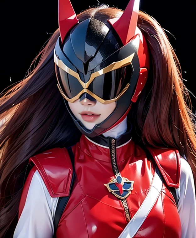 A woman red rangers, toxic ranger suit, as she power rangers toxic , full body , helmet mask, long hair, high detailed, realistic, gloves, ultra realistic, ((full face helmet)), black shield sunglasses on eyes, smart black sunglasses 