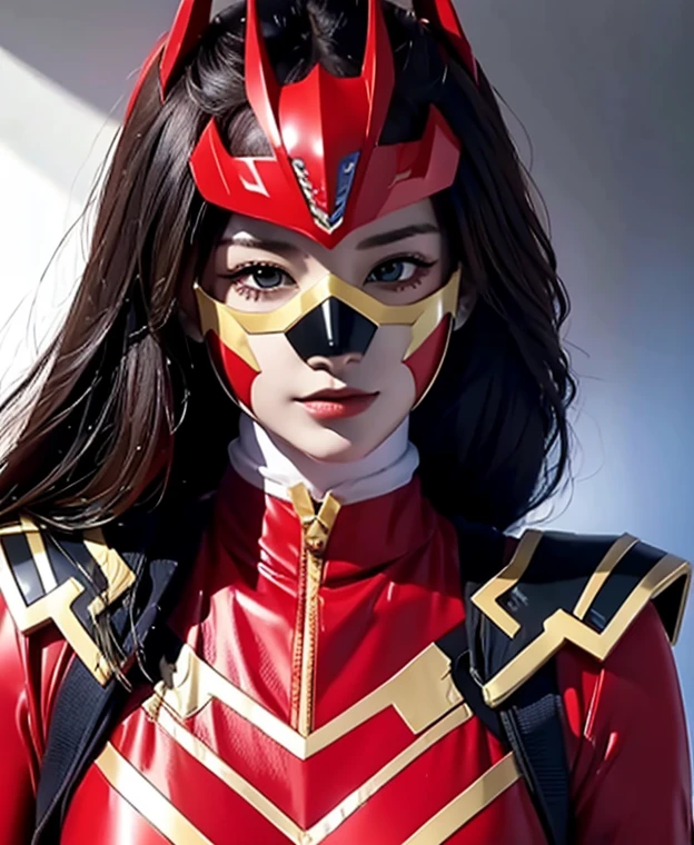 A woman red rangers, toxic ranger suit, as she power rangers toxic , full body , helmet mask, long hair, high detailed, realistic, gloves, ultra realistic, ((full face helmet)), black shield sunglasses on eyes, smart black sunglasses 