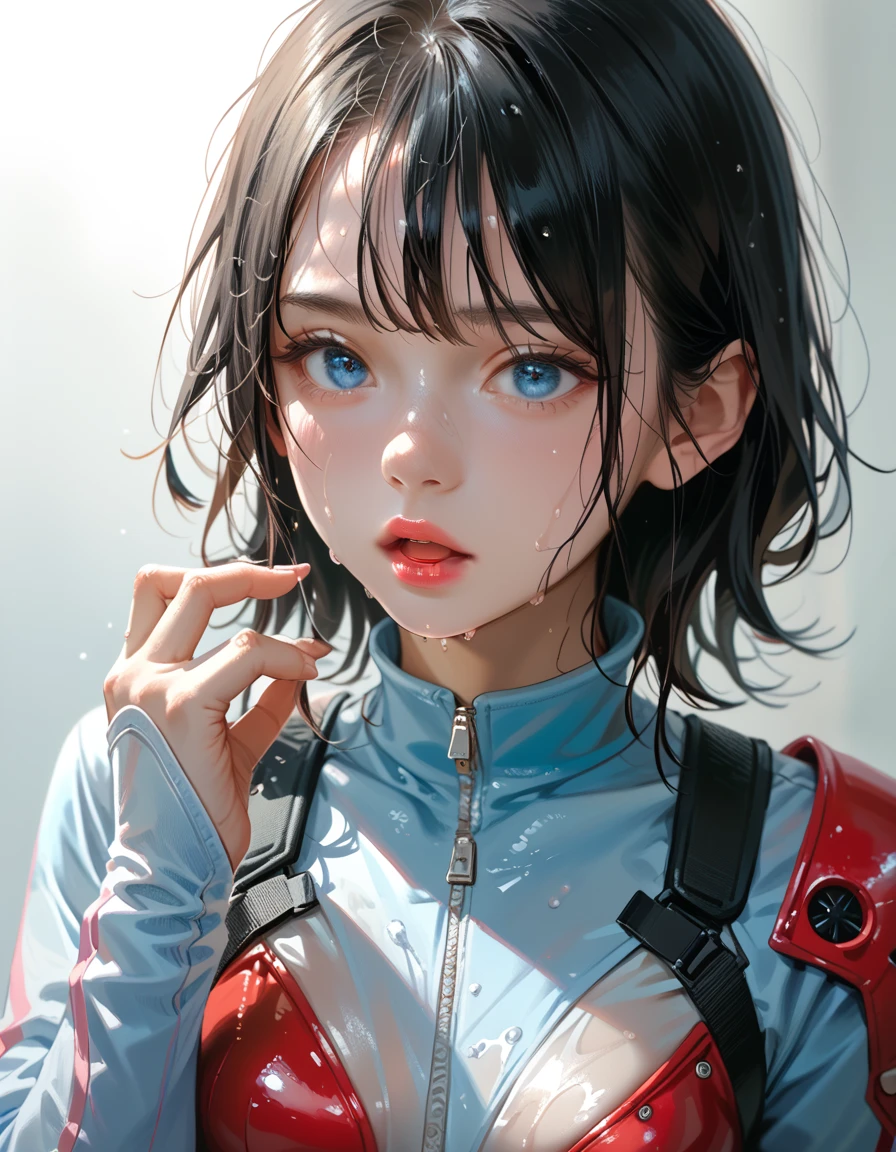 Black Hair, blue eyes, small breasts, battle suit、 A friendly expression 、Small open mouth、Light pink lipstick hold out your hand here、 sweaty、Sharp Eyes、