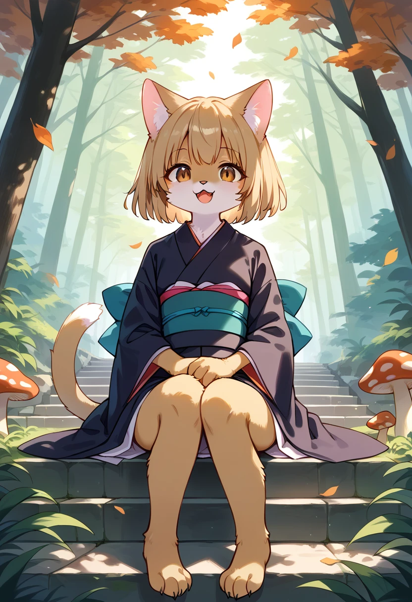 score_9, score_8_up, score_7_up, score_6_up, score_5_up, score_4_up, source_anime, best quality, amazing quality, very aesthetic, absurdres, 1girl, (furry, kemono:1.3), cat, cat girl, brown eyes, cat ears, open mouth, cat tail, short hair, hairstyle, eyebrows, kimono, obi, wide sleeve, long sleeve, sitting, raising right hand above, gaze, outdoors, mushroom, leaves, plant, forest, alone, tree, tail, nature, landscape, wide shot, sunlight, stairs, sitting on stairs, catgirl, smiling, animal ear fluff, daytime Animal ear fluff, cat, smiling, daylight