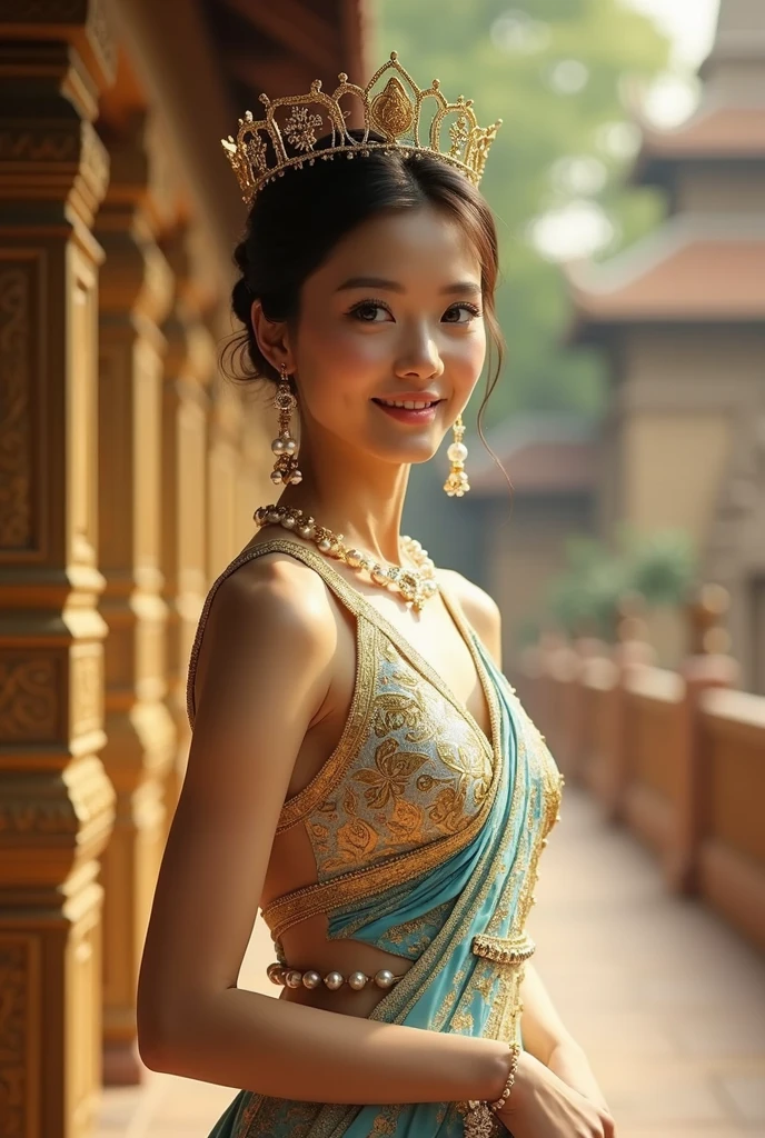 (1 girl), Very cute face..fresh, Very clean appearance, (High Quality:1.4), RAW photo, (Realistic, real light:1.37), Professional Photography, (Thai costume:1.5), (Open Thai dress), (cleavage:1.2), (breastplate), slight smile, (Staring at me...), beach, Girl Portrait,far; holding a golden light sword