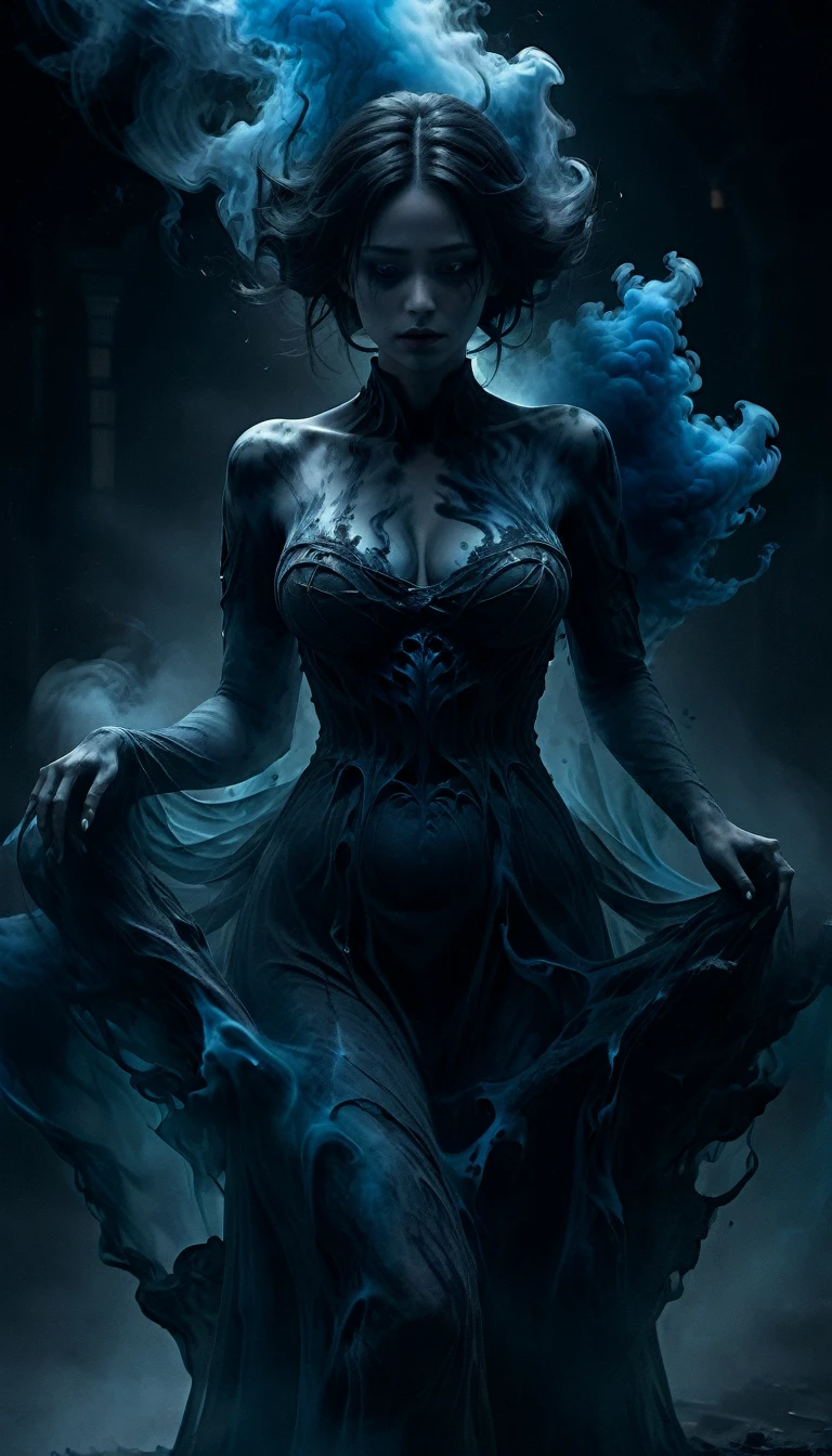 a dark ghostly spirit made of black smoke, 1 girl, giant breast, blue colors, ethereal, dramatic, dark fantasy, ultra realistic, 8k, high quality, photorealistic