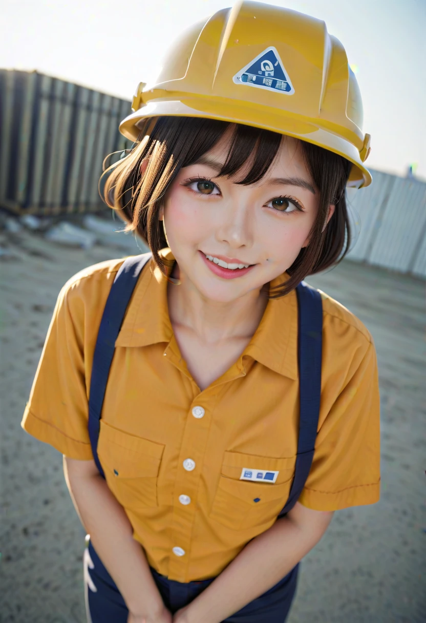 A 19-year-old girl with a very cute face like an idol who looks 15.、Gentle and cute、A kind smile、Building construction workers During a break、Yellow Helmet、Work clothes、Cleavage、Because it's hot、Work clothesの前を開けて、Underwear is visible、whole body、RAW Photos、Genuine、Genuine、High resolution、Genuine Life