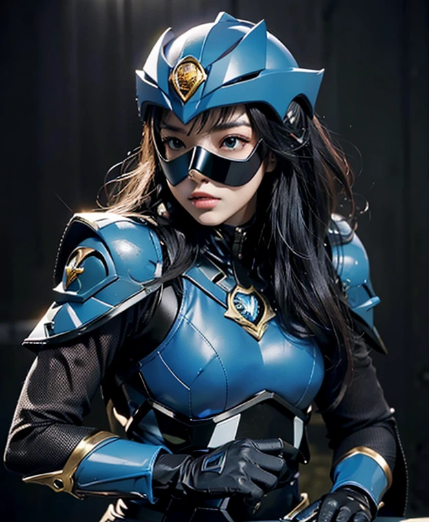 A woman highly blue rangers, toxic ranger suit, as she power rangers toxic , full body , helmet mask, long hair, high detailed, realistic, gloves, ultra realistic, ((full face helmet)), black shield sunglasses on eyes, smart black sunglasses 