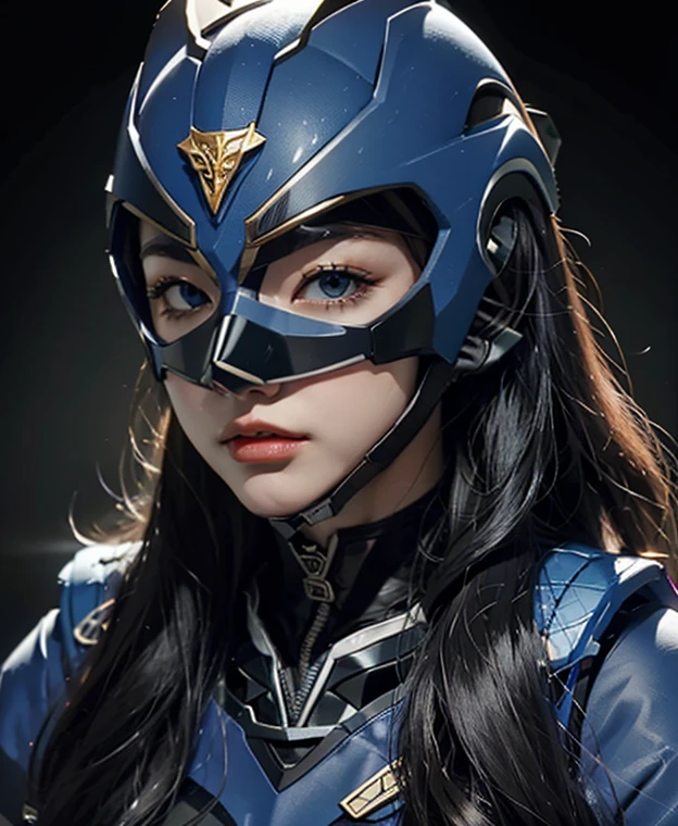 A woman highly blue rangers, toxic ranger suit, as she power rangers toxic , full body , helmet mask, long hair, high detailed, realistic, gloves, ultra realistic, ((full face helmet)), black shield sunglasses on eyes, smart black sunglasses 