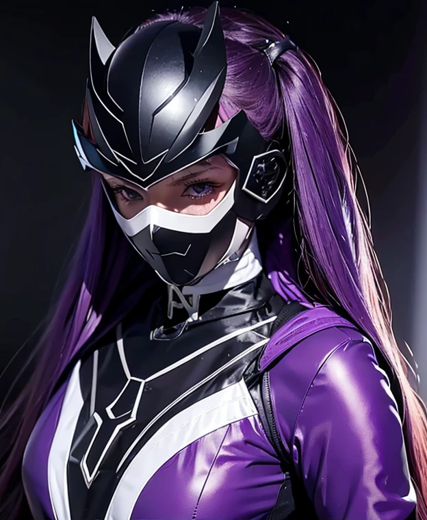 A woman purple rangers, toxic ranger suit, as she power rangers toxic , full body , helmet mask, long hair, high detailed, realistic, gloves, ultra realistic, ((full face helmet)), black shield sunglasses on eyes, smart black sunglasses 