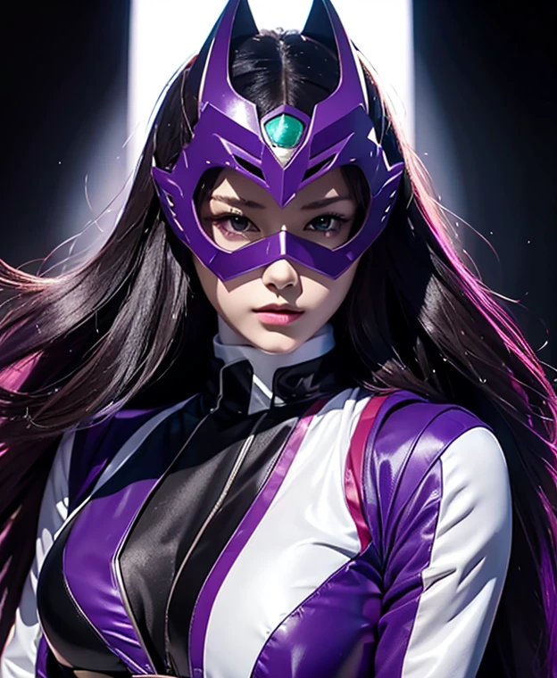 A woman purple rangers, toxic ranger suit, as she power rangers toxic , full body , helmet mask, long hair, high detailed, realistic, gloves, ultra realistic, ((full face helmet)), black shield sunglasses on eyes, smart black sunglasses 