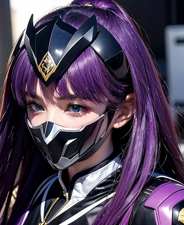 A woman purple rangers, toxic ranger suit, as she power rangers toxic , full body , helmet mask, long hair, high detailed, realistic, gloves, ultra realistic, ((full face helmet)), black shield sunglasses on eyes, smart black sunglasses 