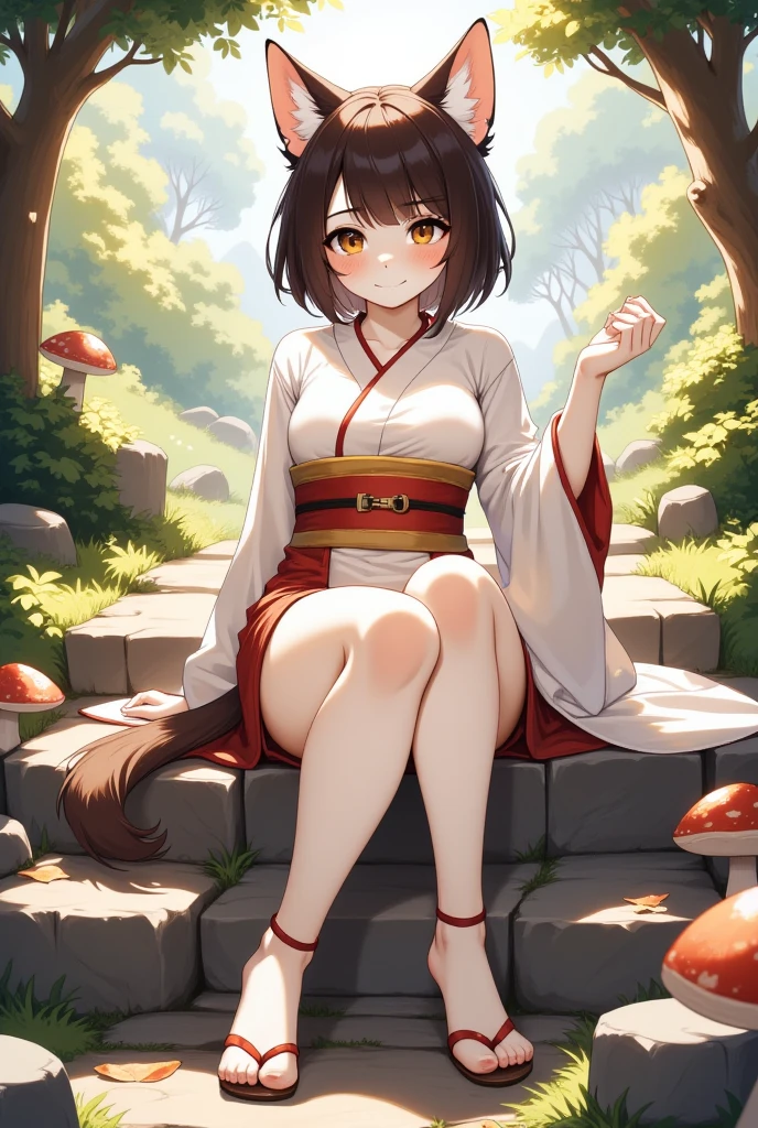 Cat on the Stone Steps, cat girl, brown eyes, cat ears, open mouth, cat tail, short hair, hairstyle, eyebrows, kimono, obi, wide sleeve, long sleeve, sitting, raising right hand above, gaze, outdoors, mushroom, leaves, plant, forest, alone, tree, tail, nature, landscape, wide shot, sunlight, stairs, sitting on stairs, catgirl, smiling, animal ear fluff, daytime Animal ear fluff, cat, smiling, daylight