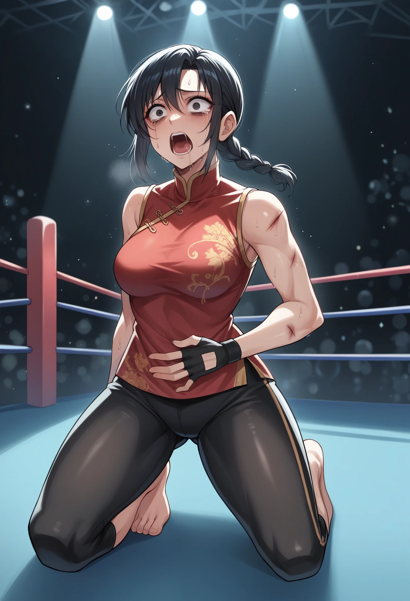 1girl, solo, black hair, sidelocks, black eyes, eyeliner, braid, chinese clothes, sleeveless, black pants, fingerless gloves, indoors, wrestling ring, stage lights, sweat, on one knee, medium breasts, red shirt, kneeling, ryona, bags under eyes, injury, surprised, saliva, hand on own stomach, tears, score_9, score_8_up, score_7_up, score_6_up, score_5_up, score_4_up, BREAK source_anime, masterpiece