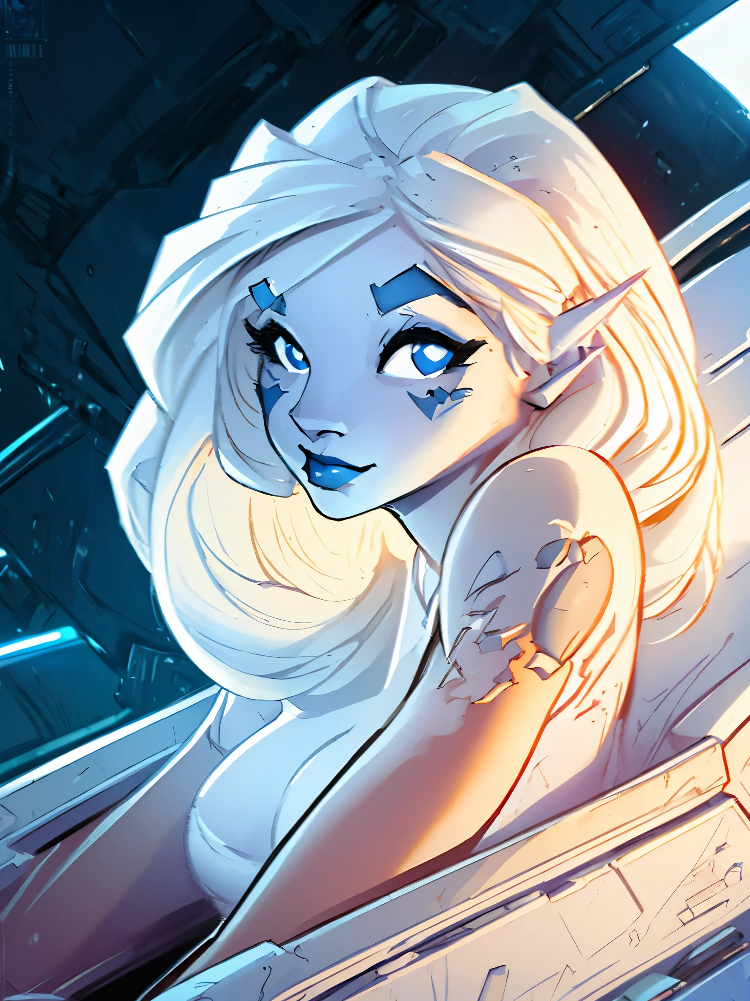 star wars, jarael, alabaster skin, long white hair, ((blue lips)), ((white eyebrows)), nude on a spaceship, smiling,