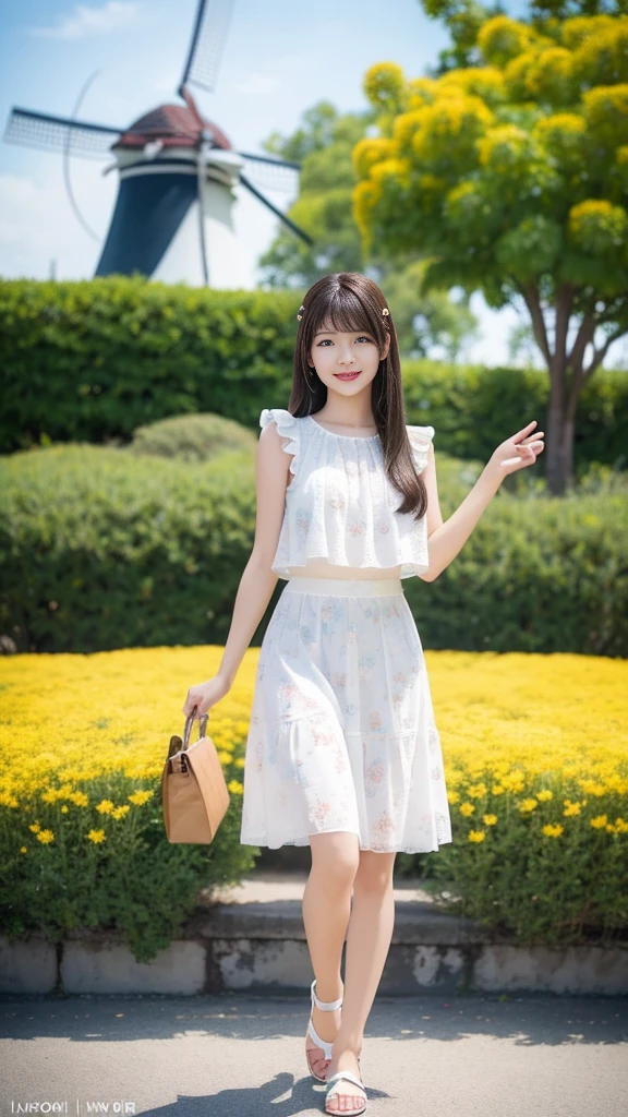 "A masterpiece outdoor portrait of a cheerful young Asian woman with long black hair, standing in a vibrant field of yellow cosmos flowers on a sunny day. She is wearing a white and blue floral sleeveless top and a white skirt, posing playfully with one arm raised, exuding joy. In the background, there is a clear blue sky, a large windmill, and a Thai text sign, with a golden Buddha statue visible in the distance. She is standing on a concrete path lined with black and white poles, wearing fluffy white slippers, adding a touch of charm. The natural lighting highlights her face and outfit, creating a professional, high-quality image with sharp focus. Photographed with a 50mm lens, the background has a soft bokeh effect, emphasizing her lively expression and the beautiful scene around her."