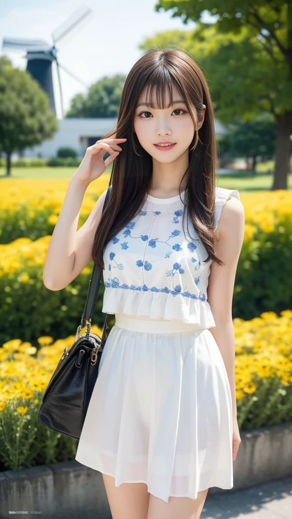 "A masterpiece outdoor portrait of a cheerful young Asian woman with long black hair, standing in a vibrant field of yellow cosmos flowers on a sunny day. She is wearing a white and blue floral sleeveless top and a white skirt, posing playfully with one arm raised, exuding joy. In the background, there is a clear blue sky, a large windmill, and a Thai text sign, with a golden Buddha statue visible in the distance. She is standing on a concrete path lined with black and white poles, wearing fluffy white slippers, adding a touch of charm. The natural lighting highlights her face and outfit, creating a professional, high-quality image with sharp focus. Photographed with a 50mm lens, the background has a soft bokeh effect, emphasizing her lively expression and the beautiful scene around her."