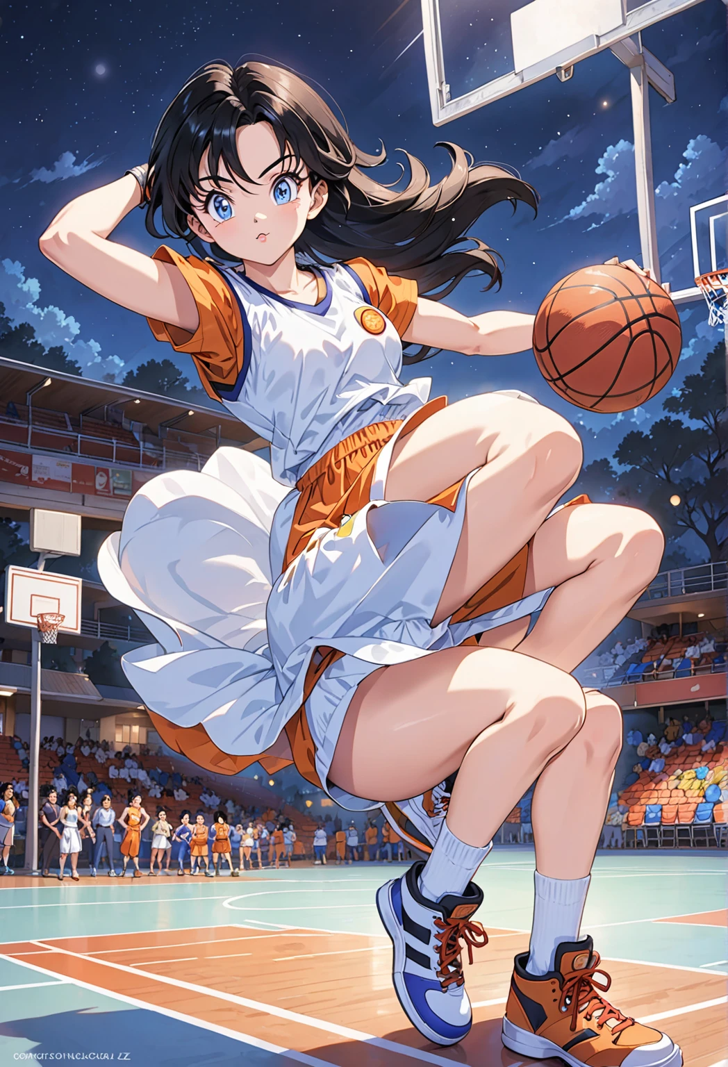 Videl from dragon ball Z , blue eyes , black hair , two legs , jersey angeles lackers , basketball court , At night, Videl has a basketball in her hands