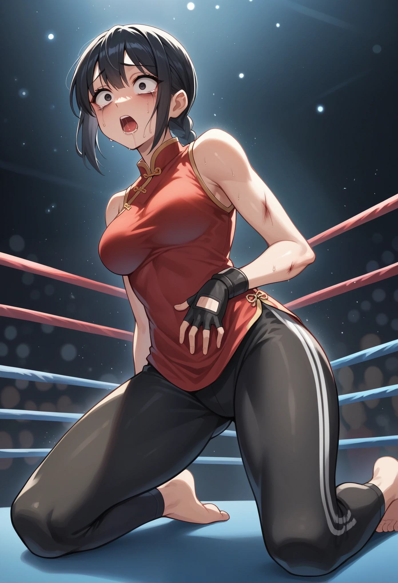 1girl, solo, black hair, sidelocks, black eyes, eyeliner, braid, chinese clothes, sleeveless, black pants, fingerless gloves, indoors, wrestling ring, stage lights, sweat, on one knee, medium breasts, red shirt, kneeling, ryona, bags under eyes, injury, surprised, saliva, hand on own stomach, tears, score_9, score_8_up, score_7_up, score_6_up, score_5_up, score_4_up, BREAK source_anime, masterpiece