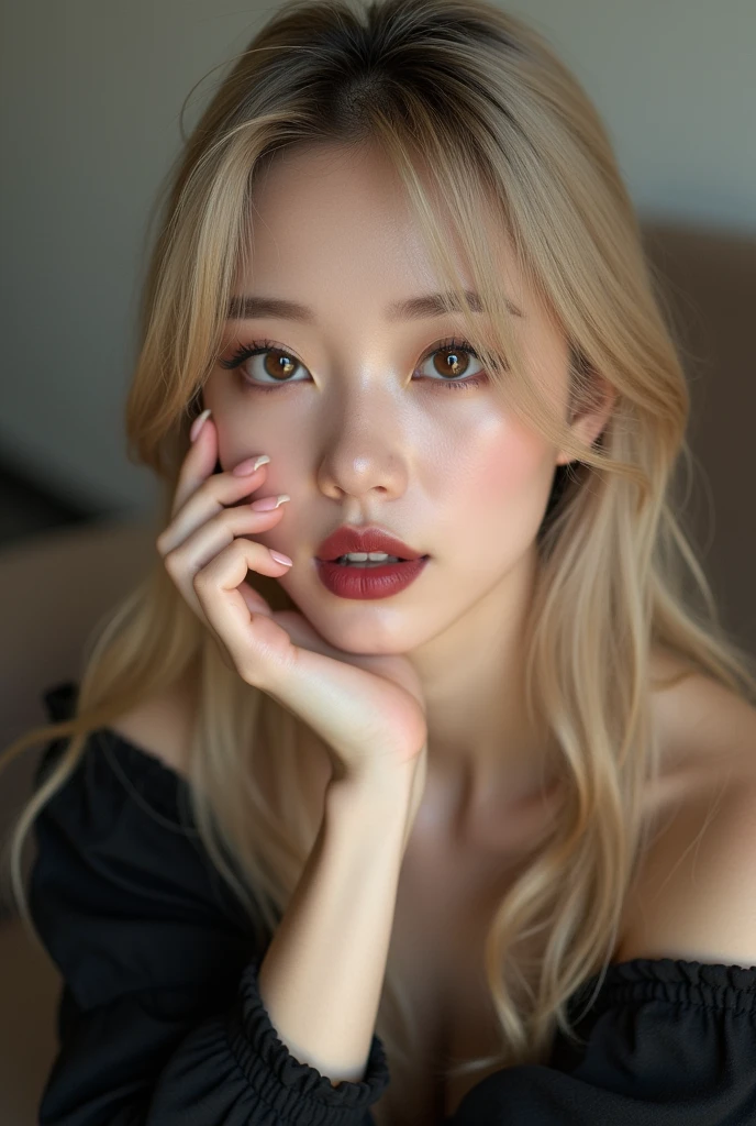 Blonde woman with long hair and red lipstick posing for a photo., con cabello largo y rubio, beautiful south Mujer coreana, foto de perfil, Heonhwa Choe, gorgeous young Mujer coreana, con el pelo largo y blanco, taken in the early 2020s, con pelo largo blanco, Mujer coreana, Chica coreana, Krystal, Imagen de perfil, beautiful young Mujer coreana