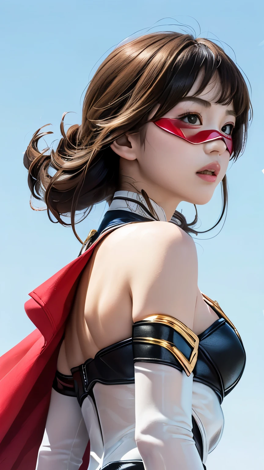 (8k, RAW photos from the last century, Best Quality, masterpiece: 1.2), (Realistic, Realistic: 1.37), opens her mouth wide 、Open your mouth、Big Mouth、 Best Quality, super high definition, Light Leak , dynamic lighting , slim and smooth skin from multiple angles, (whole body:1.3), ( soft saturation: 1.6), ( white skin: 1.2), (shiny skin: 1.1), oily skin , 22 years old, Knight , Shining white blonde hair, Full form, Hair blowing in the wind, from the front : 1.2, supergirl、Miniature, Red eye mask,Airi Suzumura