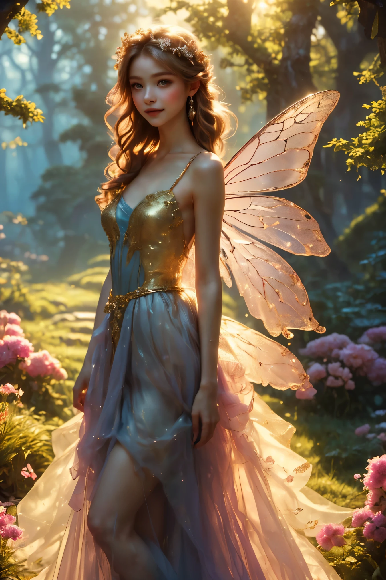 (((Best quality, 8k, Masterpiece: 1.3)), ((best quality)), ((masterpiece)), (detailed), perfect face, perfect body, (detailed skin:1.3), (intricate details), A graceful, grown-up fairy woman with delicate features and an air of elegance stands in an enchanted forest. She has shimmering wings that reflect hints of silver and gold in the soft moonlight. Dressed in a sophisticated, flowing blue gown adorned with subtle sparkles, she has an aura of maturity while still retaining her playful, magical essence. Her blonde hair is styled elegantly, and she wears a gentle, knowing smile. The forest around her is alive with glowing flowers, softly swaying trees, and a mist that adds a mystical atmosphere, creating a scene of enchanting beauty