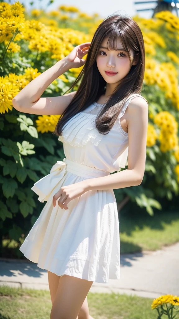 "A masterpiece outdoor portrait of a cheerful young Asian woman with long black hair, standing in a vibrant field of yellow cosmos flowers on a sunny day. She is wearing a white and blue floral sleeveless top and a white skirt, posing playfully with one arm raised, exuding joy. In the background, there is a clear blue sky, a large windmill, and a Thai text sign, with a golden Buddha statue visible in the distance. She is standing on a concrete path lined with black and white poles, wearing fluffy white slippers, adding a touch of charm. The natural lighting highlights her face and outfit, creating a professional, high-quality image with sharp focus. Photographed with a 50mm lens, the background has a soft bokeh effect, emphasizing her lively expression and the beautiful scene around her."