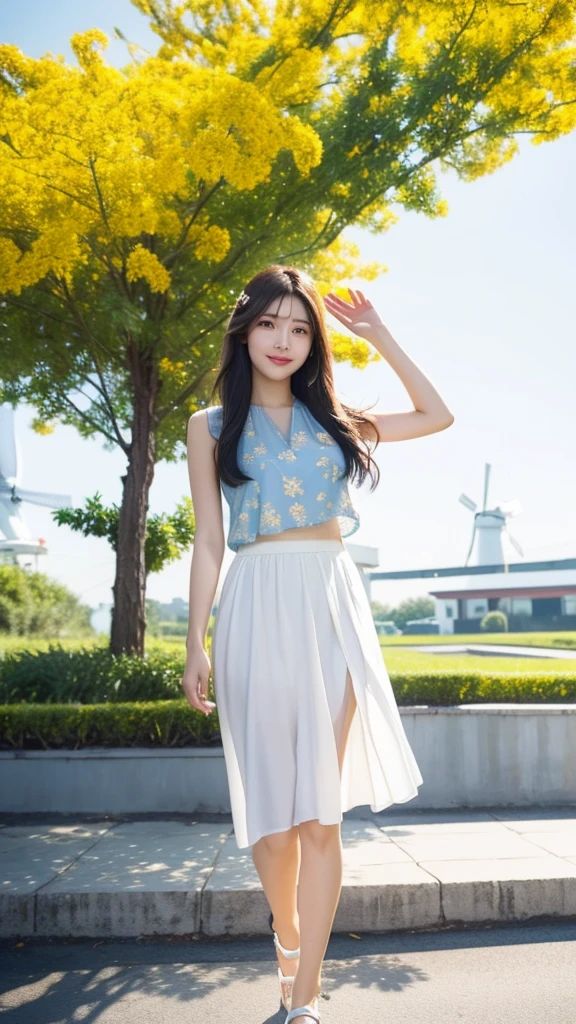 "A masterpiece outdoor portrait of a cheerful young Asian woman with long black hair, standing in a vibrant field of yellow cosmos flowers on a sunny day. She is wearing a white and blue floral sleeveless top and a white skirt, posing playfully with one arm raised, exuding joy. In the background, there is a clear blue sky, a large windmill, and a Thai text sign, with a golden Buddha statue visible in the distance. She is standing on a concrete path lined with black and white poles, wearing fluffy white slippers, adding a touch of charm. The natural lighting highlights her face and outfit, creating a professional, high-quality image with sharp focus. Photographed with a 50mm lens, the background has a soft bokeh effect, emphasizing her lively expression and the beautiful scene around her."