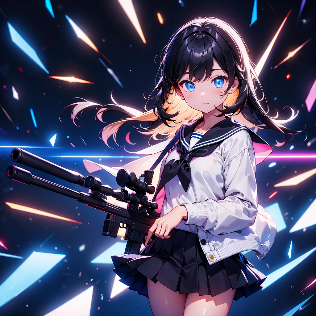  high school girl、 sailor suit、 neon light、Mysterious、 holds up a sniper rifle、Black background、