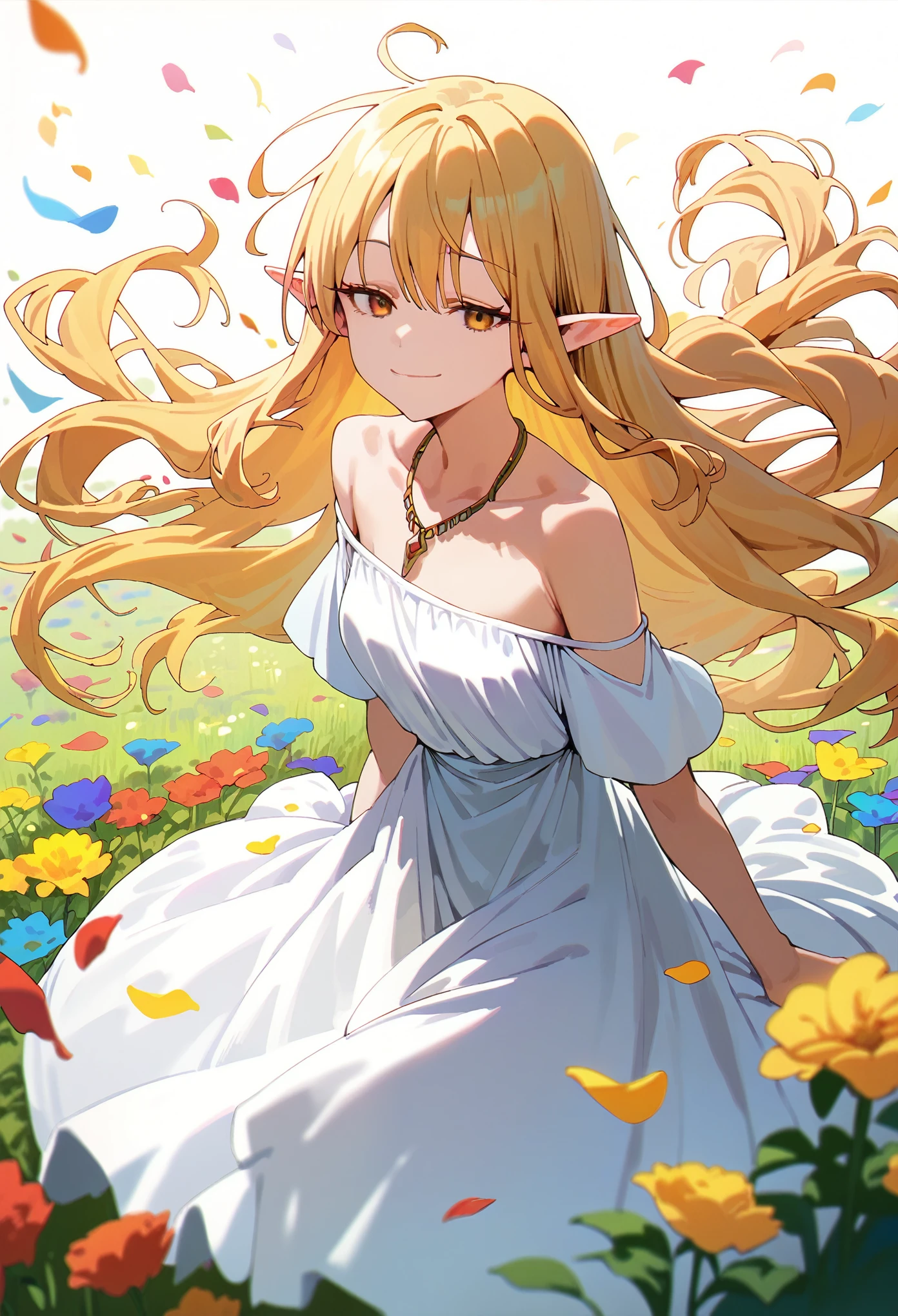 score_9, score_8_up, score_7_up, 1girl, serie, long hair, blonde hair, pointy ears, yellow eyes, half-closed eyes, gradient eyes, white dress, bare shoulders, necklace, jewelry, off shoulder, flower field, rainbow flare, rainbow gradient, floating, petals, depth of field, smug