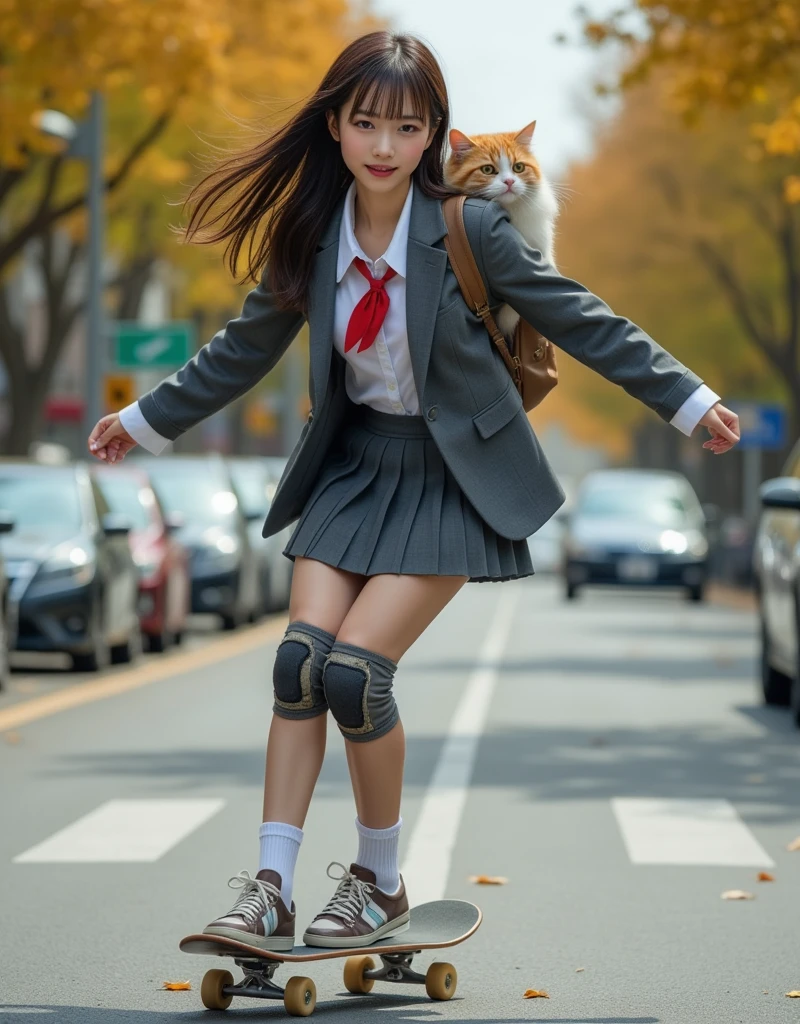 ultra-realistic, photorealistic, dramatic scene, shadow, global-illumination, solo, (teenage Japanese famous idol girl:1.5), very beautiful fragile Japanese girl, very beautiful with very cute but boyish cool face, (very large breasts), slim waist, (wearing a gray colored Japanese high school cute uniform of white shirt with blazer and skirt, red ribbon:1.2), (very large breasts), (The cat is hiding in her backpack, A giant fat cat peeks out of her backpack), she is skateboarding alone at on a tree-lined avenue with autumn leaves, unconventional skateboarding with brilliant techniques, dynamic angle, acrobatic pose, (face focus:1.6), very large breasts, quick turn, happy smile, knee protectors, She slips gracefully through the line of congested cars and moves onward and onward