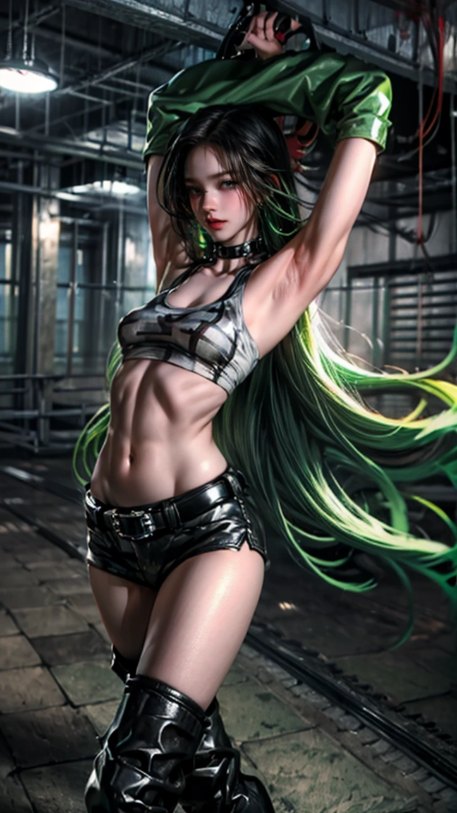 A woman, pretty, 23 years old, green hair, long hair, (gigantic:1.4), green thong thong, (piercings), dominant look, eyeliner, (cameltoe:1.2), (transparent clothes:1.3), crop top, fishnet shirt, slim, in the park, navel piercing, teat piercings, (black lipstick), feminine face, underboob, sideboob, 1girl, spreading legs, collar, tight clothes, (masterpiece), best quality, extremely detailed, (1girl:1.5), (solo:1.4), big, bare shoulders, (underboob:1.2), ((dark skin:0.8)), beautiful eyes, photography, canon camera, Nikon camera, sharp, studio quality, fisheye lens, hard teats, pigtails hair, professional lighting