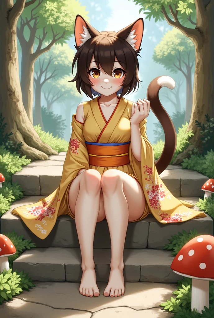 Cat on the Stone Steps, cat girl, brown eyes, cat ears, open mouth, cat tail, short hair, hairstyle, eyebrows, kimono, obi, wide sleeve, long sleeve, sitting, raising right hand above, gaze, outdoors, mushroom, leaves, plant, forest, alone, tree, tail, nature, landscape, wide shot, sunlight, stairs, sitting on stairs, catgirl, smiling, animal ear fluff, daytime Animal ear fluff, cat, smiling, daylight