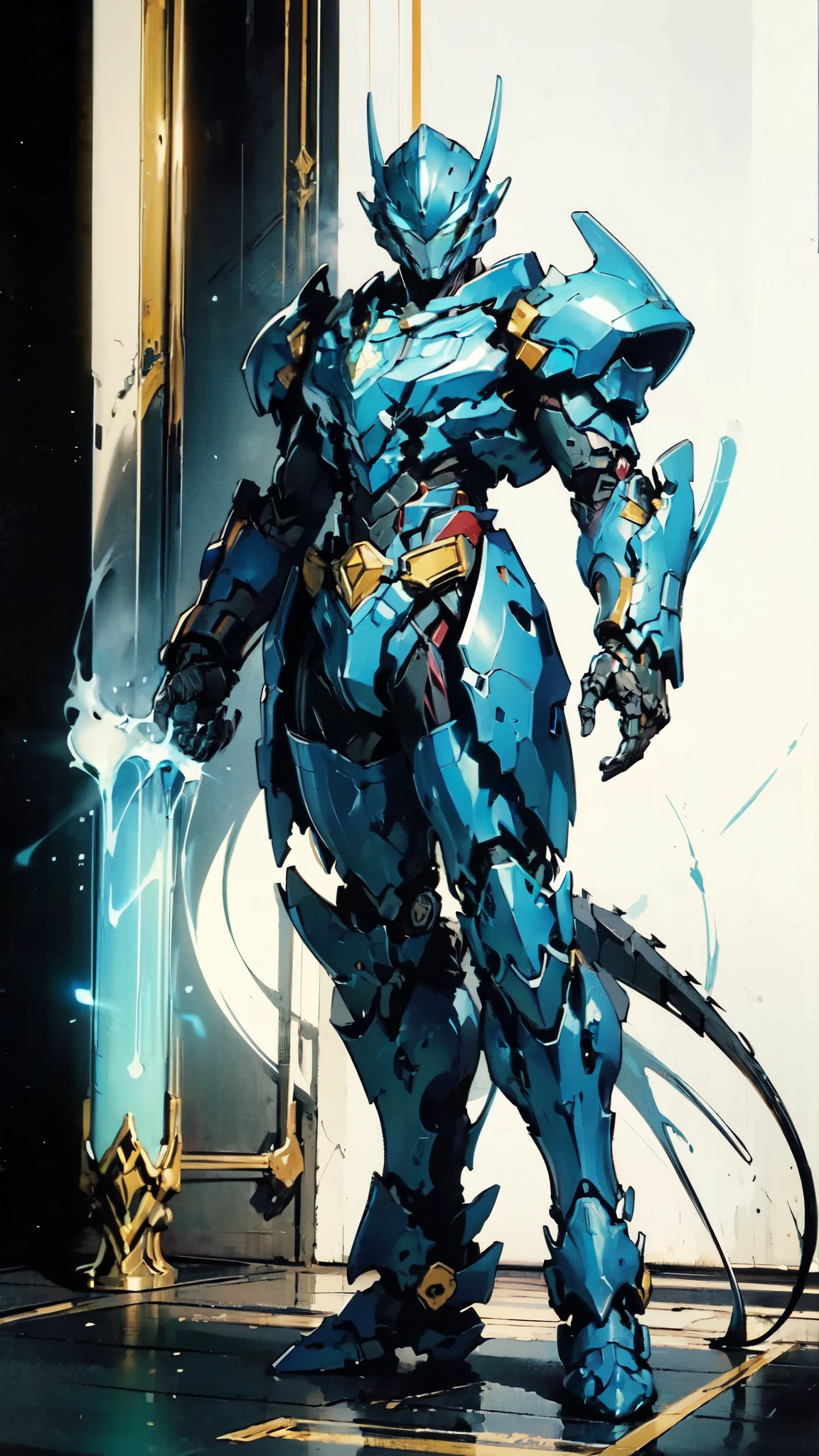 (masterpiece:1.5, best quality:1.5, extremely delicate:1.5), ((male:1.5)), a man wearing a full-face helmet, green eyes, fantasy-style high-tech biomimetic armored combat suit, (a composite layered chest armor), the design balances heavy with agility, fully enclosed shoulder guards, matching arm and leg guards, a belt of gemstone, (the color scheme is primarily White with Blue and Red accents, Organic Biotech, Concept Inspired by Dragon, glowing eyes, armor glows, stand of a futuristic sci-fi city), this character embodies a finely crafted fantasy-style armored hero in anime style, exquisite and mature art style, metallic, high definition, highres, ultra-detailed, ultra-fine painting, professional, perfect body proportions, golden ratio, anatomically correct, symmetrical face, extremely detailed eyes and face, high quality eyes, creativity, RAW photo, UHD, 32k, Natural light, cinematic lighting, masterpiece-anatomy-perfect