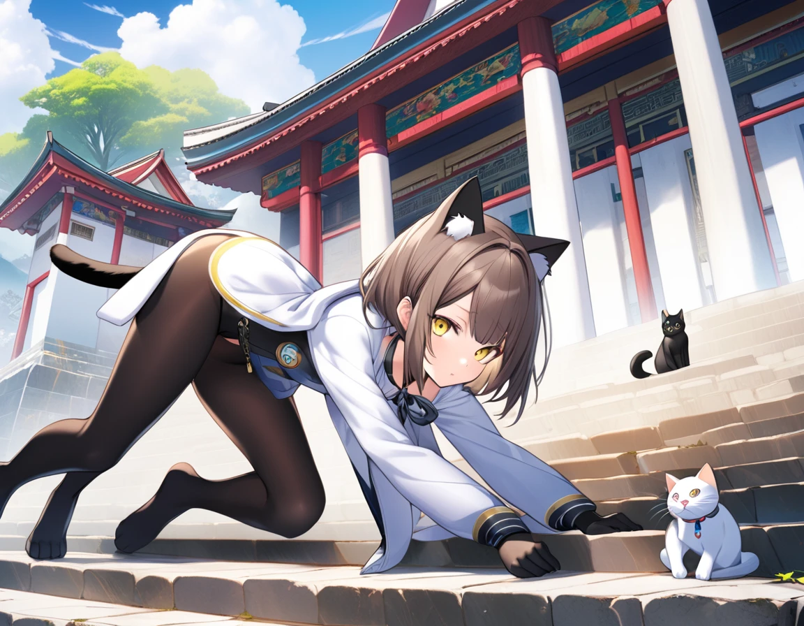 Nekomata on all fours on stone steps with a view of the sea, girl with cat tail and short white fur jacket, Nekomata from Shin Megami Tensei. yellow cat eyes, black mask, with three white cat whiskers, tight all-over black tights under short white fur jacket, cat claws, brown one-side-parted hair, beautiful young cat girl, anthropomorphic female cat, cat woman, attractive humanoid cat girl, digital colorful landscape, details and vibrant colors, beautiful illustrations, stone steps to the Temple of the Ancients, leading to a beautiful view. she-panther pose, hands and knees, on all fours, graphic design, by Kazuma Kaneko