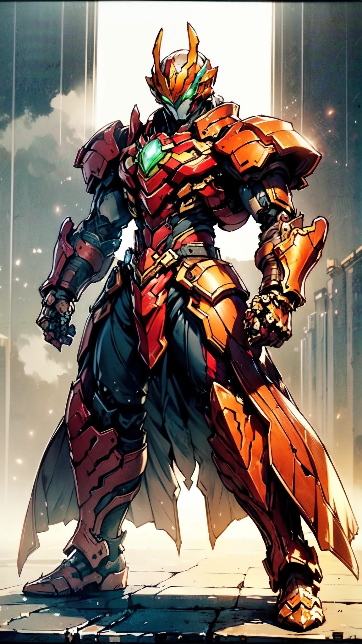 (masterpiece:1.5, best quality:1.5, extremely delicate:1.5), ((male:1.5)), a man wearing a full-face helmet, green eyes, fantasy-style high-tech biomimetic armored combat suit, (a composite layered chest armor), the design balances heavy with agility, fully enclosed shoulder guards, matching arm and leg guards, a belt of gemstone, (the color scheme is primarily White with Blue and Red accents, Organic Biotech, Concept Inspired by Dragon, glowing eyes, armor glows, stand of a futuristic sci-fi city), this character embodies a finely crafted fantasy-style armored hero in anime style, exquisite and mature art style, metallic, high definition, highres, ultra-detailed, ultra-fine painting, professional, perfect body proportions, golden ratio, anatomically correct, symmetrical face, extremely detailed eyes and face, high quality eyes, creativity, RAW photo, UHD, 32k, Natural light, cinematic lighting, masterpiece-anatomy-perfect