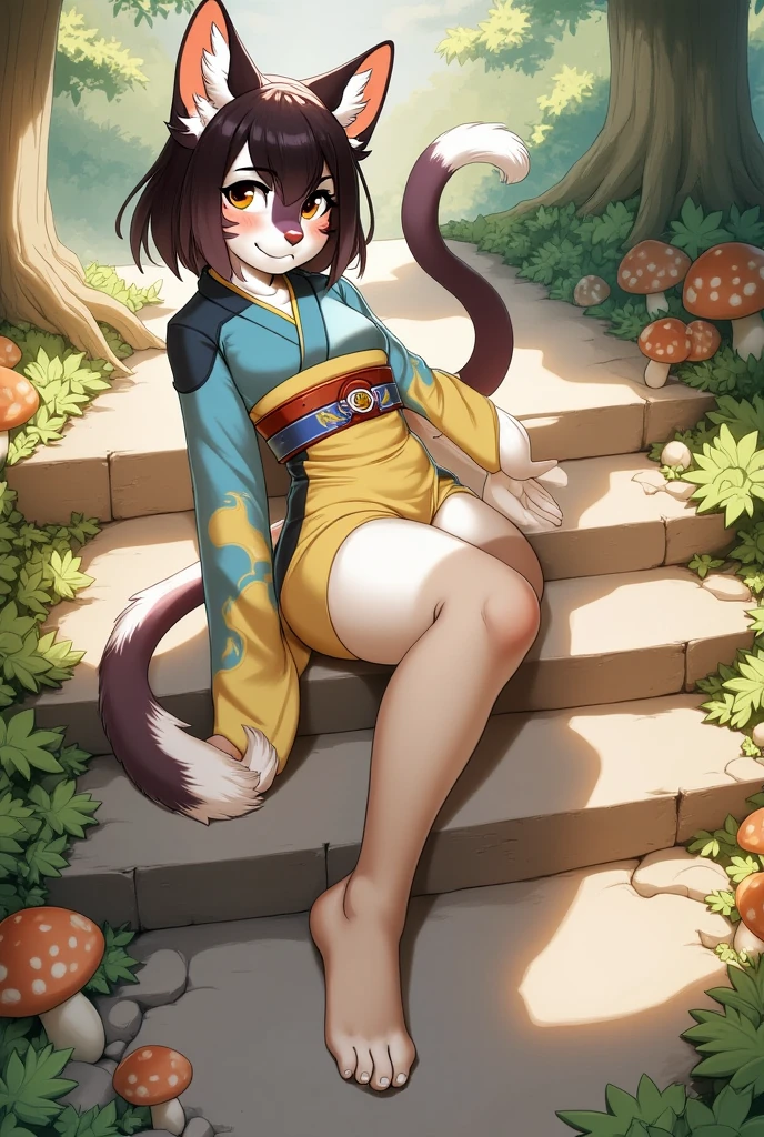 Cat on the Stone Steps, cat girl, brown eyes, cat ears, open mouth, cat tail, short hair, hairstyle, eyebrows, kimono, obi, wide sleeve, long sleeve, sitting, raising right hand above, gaze, outdoors, mushroom, leaves, plant, forest, alone, tree, tail, nature, landscape, wide shot, sunlight, stairs, sitting on stairs, catgirl, smiling, animal ear fluff, daytime Animal ear fluff, cat, smiling, daylight