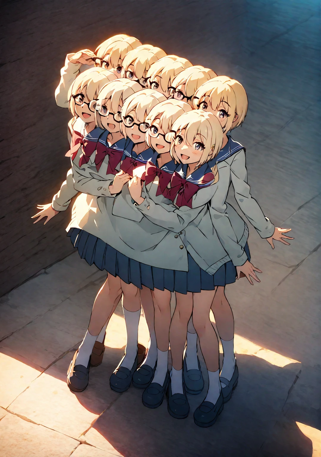 Blonde girl nudist sitting and whispering、Many friendly elementary school boys closely follow with curious eyes、surround each other&#39;s face、naked recording screen、Group photo shoot、Group Selfies,platform、from side、lots of smartphone cameras