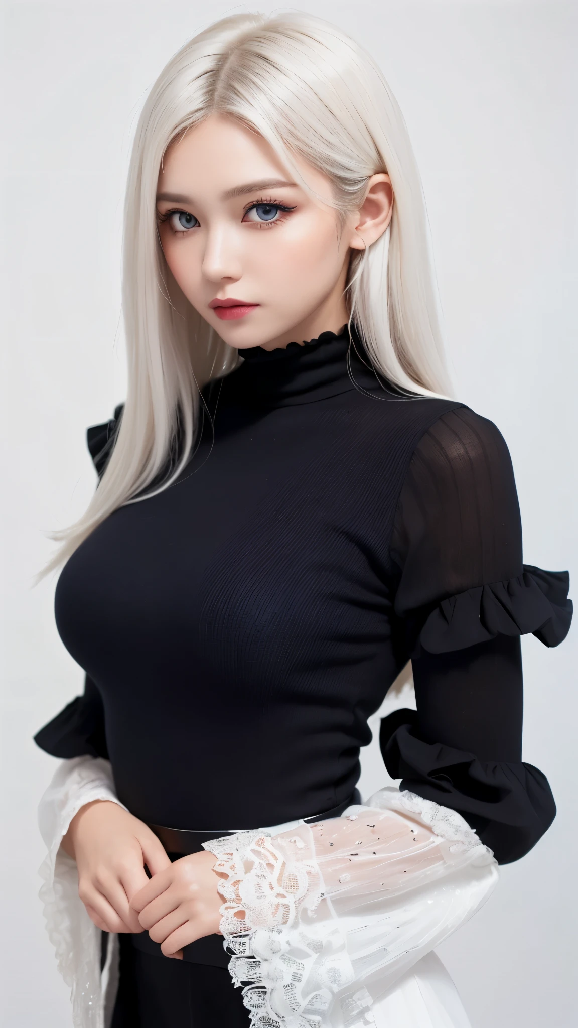 Girls, Bangs, Bare Shoulders, Black Pants, Breasts, Breasts squeezed together, Grey background, Hair between the eyes, Huge breasts, Long hair, View Viewer, Pants, Parted lips, Red eyes, Shirt, Simple background, Sleeveless, Sleeveless shirt, Solo, Turtleneck, V arm, White hair,(Shiny skin),(Masterpiece:1.4),(Best quality:1.4),,Facigirl,Red lips,Perfect abs, belly button, (nipple: 1.5), (sheer areola), nipple, huge, sweat,