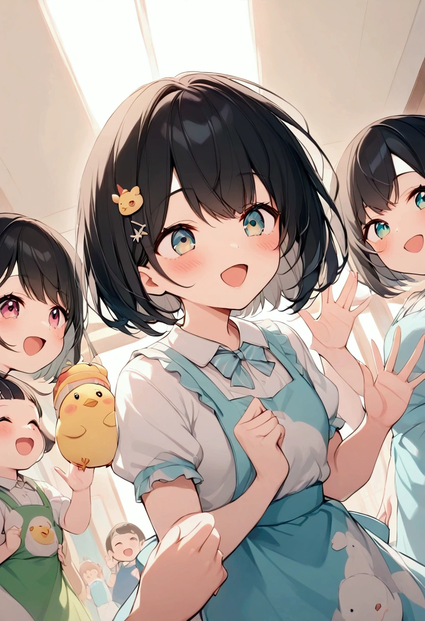 （Best Quality）, Beautiful woman,  short bob, Black Hair, ひよこが描かれたエプロンを着ている,  adult woman laughing,  casual attire,  beautiful eyes.  Waving, The background is a kindergarten,  holding hands with a cute kindergarten  wearing an apron with a picture of a chick, Nursery teacher,  angle to look up from below, 