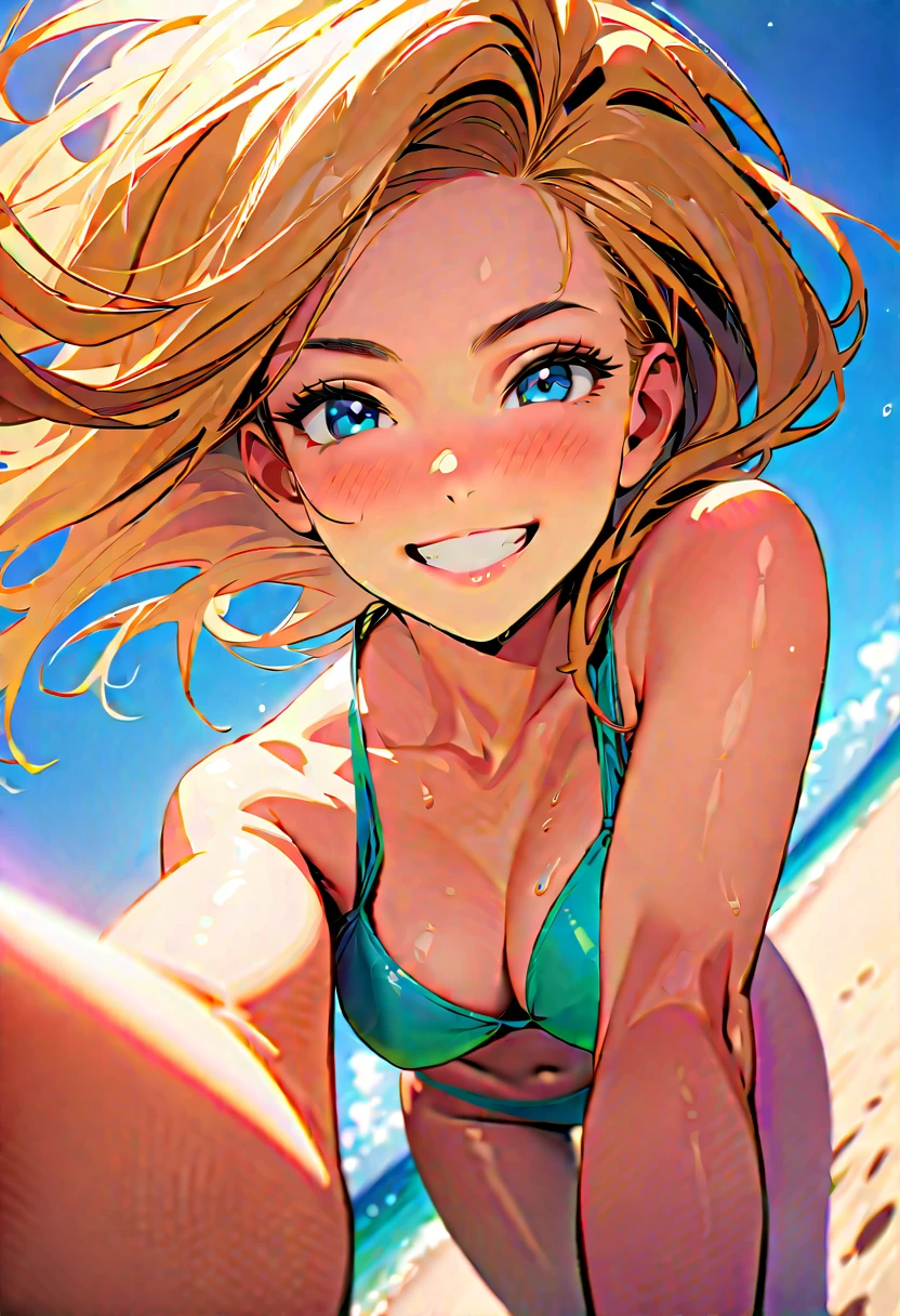 (Best Quality:1.2,  very detailed, up to date, Vibrant, masterpiece:1.2, Best Quality, Best aesthetics), smile, (( frontal upshot :1.4)),  1980s style , 8K Ultra HD,  background blur, smile,  one woman, Woman in bikini,   wetsuit golden  , Seaside, sunny, Summer sunshine,  wet skin ,  sandy beach,  is short,  Dynamic Angles 