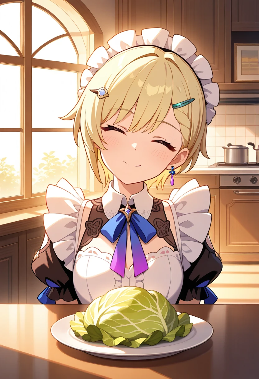 Best quality, high quality, cute femboy elf, bulge in the genital area from the penis, One, blonde, short hair, , Beautiful purple eyes, A slight smile, short tavern worker dress blue color