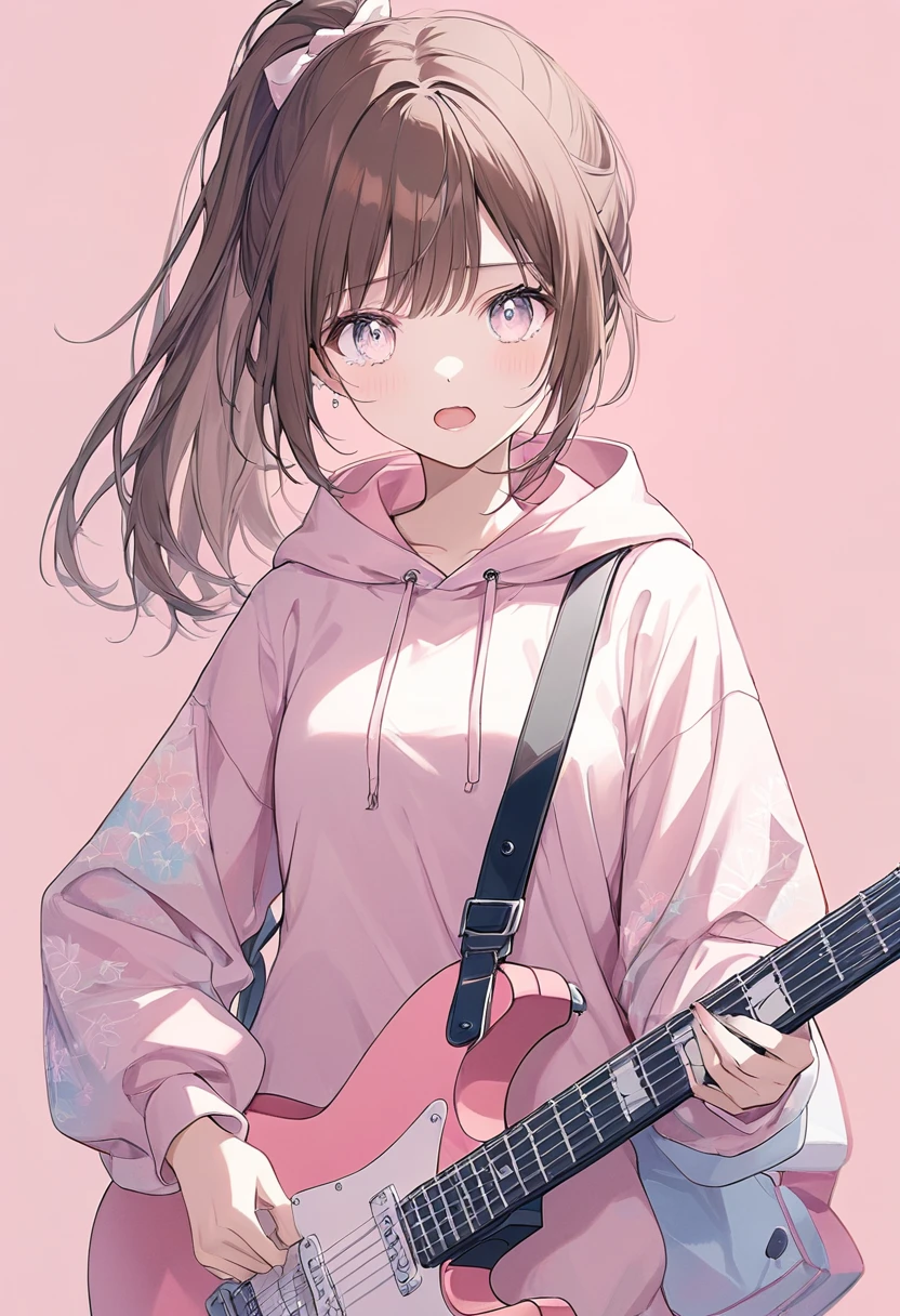 ((pastel))、1 woman, upper body, cowboy shot,Woman holding an electric guitar ,red,Look this way,((Careful depiction)), gradation eyes ,Teary-eyed, open your mouth ,Brown Hair, ponytail, pink hoodie ,, The background is pale pink , Moderate Blur ,Light, strong vignette soft pattern masterpiece,Best Quality,Exquisite,8k, absurd, super detailed illustrations on white paper ,( Viewers )